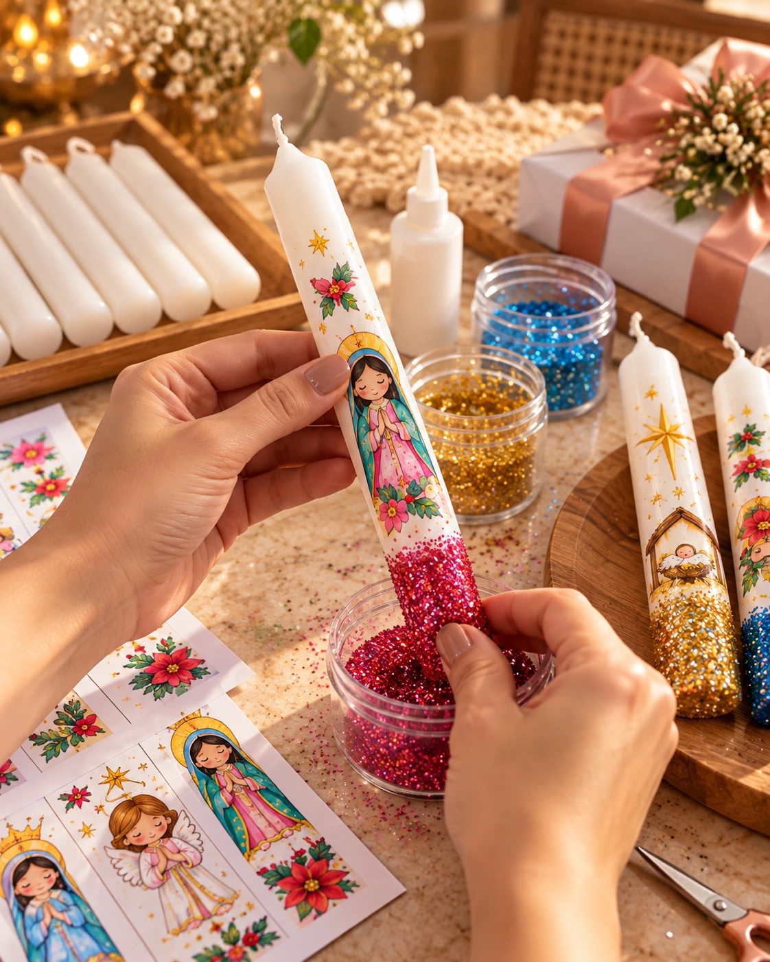 Mãos personalizando a vela